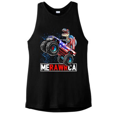 Merica Dinosaur Monster Truck 4th of July American Flag Boy Ladies PosiCharge Tri-Blend Wicking Tank