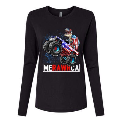 Merica Dinosaur Monster Truck 4th of July American Flag Boy Womens Cotton Relaxed Long Sleeve T-Shirt