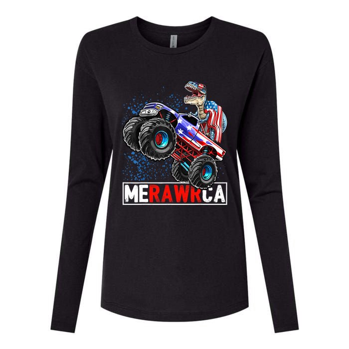 Merica Dinosaur Monster Truck 4th of July American Flag Boy Womens Cotton Relaxed Long Sleeve T-Shirt