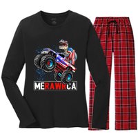 Merica Dinosaur Monster Truck 4th of July American Flag Boy Women's Long Sleeve Flannel Pajama Set 