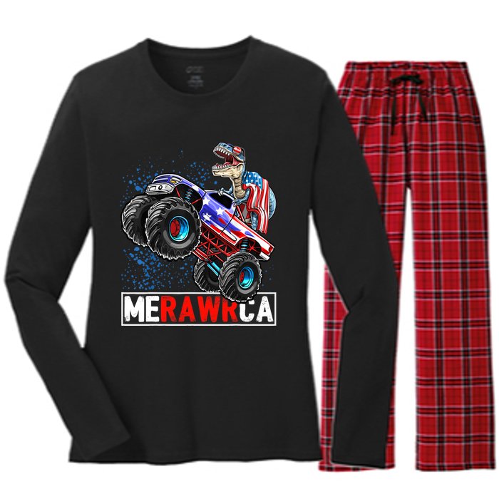 Merica Dinosaur Monster Truck 4th of July American Flag Boy Women's Long Sleeve Flannel Pajama Set 