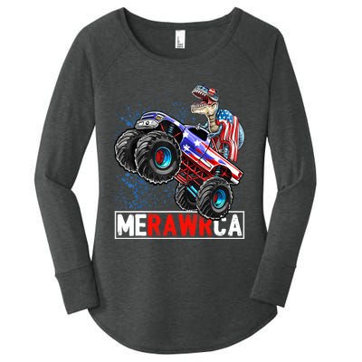 Merica Dinosaur Monster Truck 4th of July American Flag Boy Women's Perfect Tri Tunic Long Sleeve Shirt