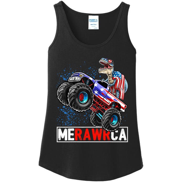 Merica Dinosaur Monster Truck 4th of July American Flag Boy Ladies Essential Tank