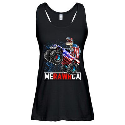 Merica Dinosaur Monster Truck 4th of July American Flag Boy Ladies Essential Flowy Tank