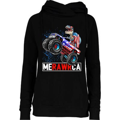 Merica Dinosaur Monster Truck 4th of July American Flag Boy Womens Funnel Neck Pullover Hood