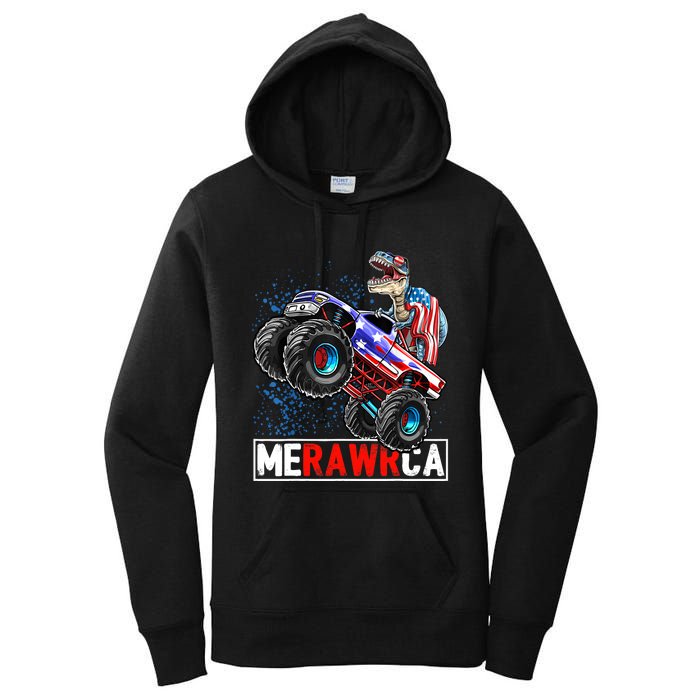 Merica Dinosaur Monster Truck 4th of July American Flag Boy Women's Pullover Hoodie