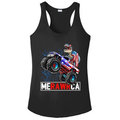 Merica Dinosaur Monster Truck 4th of July American Flag Boy Ladies PosiCharge Competitor Racerback Tank