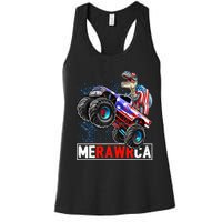 Merica Dinosaur Monster Truck 4th of July American Flag Boy Women's Racerback Tank