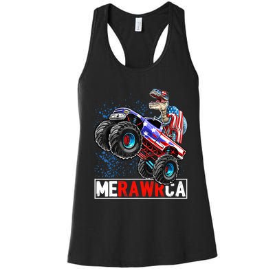 Merica Dinosaur Monster Truck 4th of July American Flag Boy Women's Racerback Tank