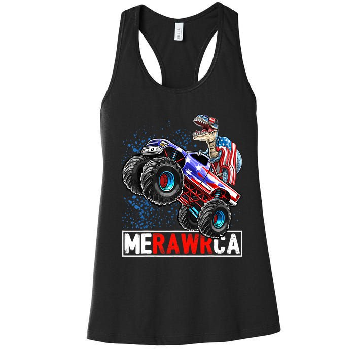 Merica Dinosaur Monster Truck 4th of July American Flag Boy Women's Racerback Tank