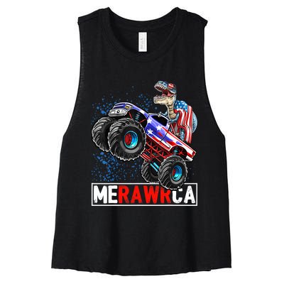 Merica Dinosaur Monster Truck 4th of July American Flag Boy Women's Racerback Cropped Tank