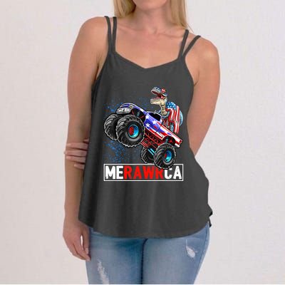 Merica Dinosaur Monster Truck 4th of July American Flag Boy Women's Strappy Tank