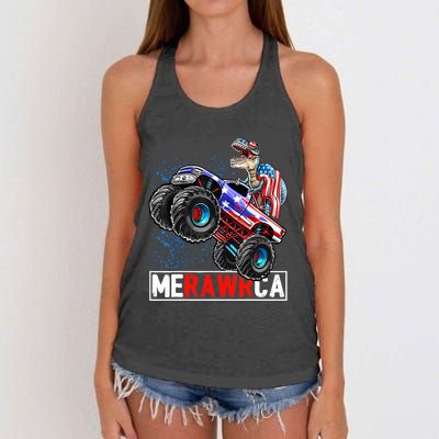 Merica Dinosaur Monster Truck 4th of July American Flag Boy Women's Knotted Racerback Tank