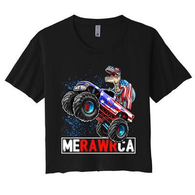 Merica Dinosaur Monster Truck 4th of July American Flag Boy Women's Crop Top Tee