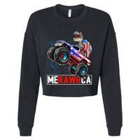 Merica Dinosaur Monster Truck 4th of July American Flag Boy Cropped Pullover Crew