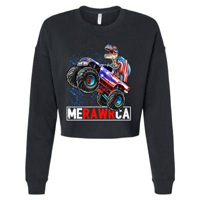 Merica Dinosaur Monster Truck 4th of July American Flag Boy Cropped Pullover Crew