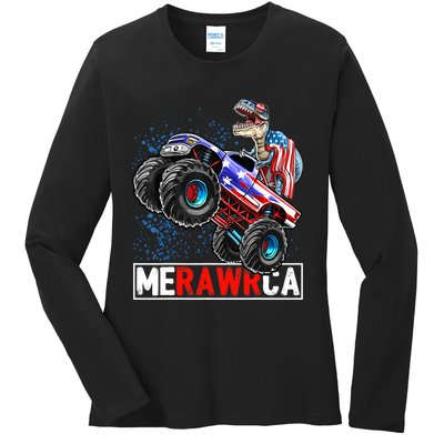 Merica Dinosaur Monster Truck 4th of July American Flag Boy Ladies Long Sleeve Shirt