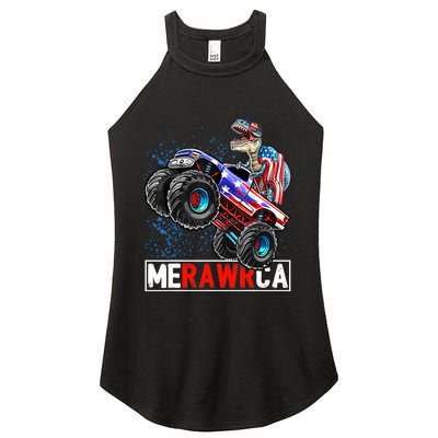 Merica Dinosaur Monster Truck 4th of July American Flag Boy Women's Perfect Tri Rocker Tank