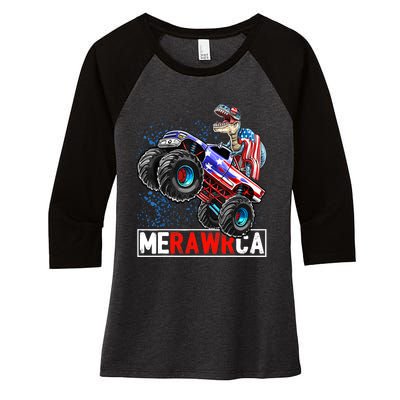 Merica Dinosaur Monster Truck 4th of July American Flag Boy Women's Tri-Blend 3/4-Sleeve Raglan Shirt