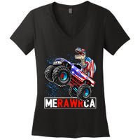 Merica Dinosaur Monster Truck 4th of July American Flag Boy Women's V-Neck T-Shirt