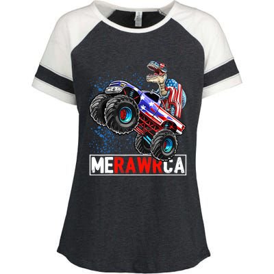 Merica Dinosaur Monster Truck 4th of July American Flag Boy Enza Ladies Jersey Colorblock Tee