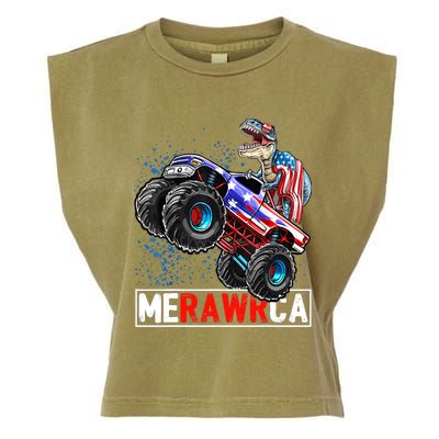 Merica Dinosaur Monster Truck 4th of July American Flag Boy Garment-Dyed Women's Muscle Tee