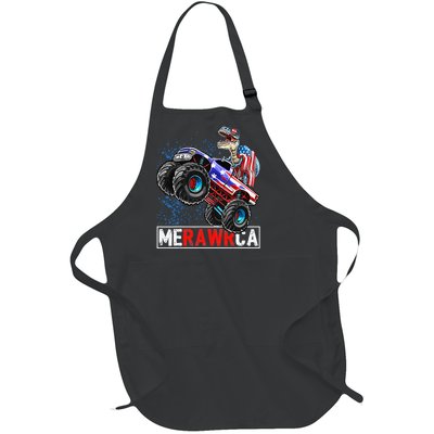 Merica Dinosaur Monster Truck 4th of July American Flag Full-Length Apron With Pockets