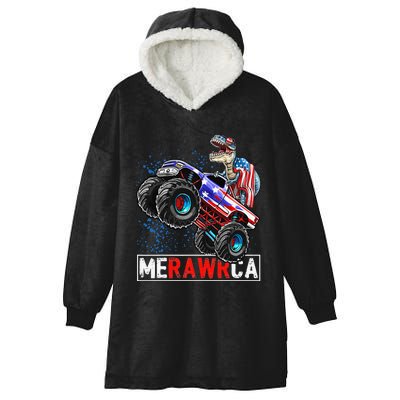 Merica Dinosaur Monster Truck 4th of July American Flag Hooded Wearable Blanket