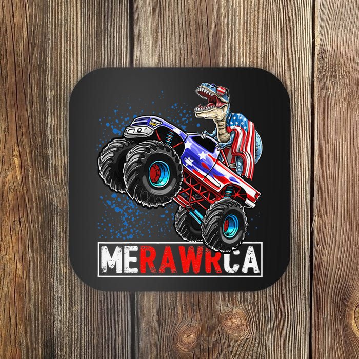 Merica Dinosaur Monster Truck 4th of July American Flag Coaster