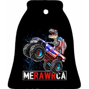 Merica Dinosaur Monster Truck 4th of July American Flag Ceramic Bell Ornament