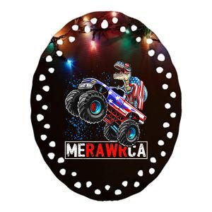 Merica Dinosaur Monster Truck 4th of July American Flag Ceramic Oval Ornament