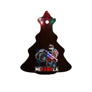 Merica Dinosaur Monster Truck 4th of July American Flag Ceramic Tree Ornament