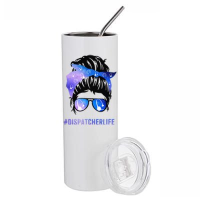 Mothers Day Minnie Momdispatcher Messy Bun Hair Woman Dispatcher Life 911 Mother Stainless Steel Tumbler