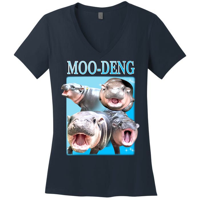 Moo Deng Meme Hippo Funny Women's V-Neck T-Shirt