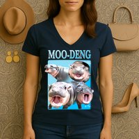Moo Deng Meme Hippo Funny Women's V-Neck T-Shirt
