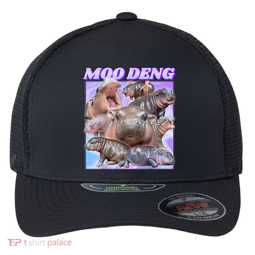 Moo Deng Meme Hippo Flexfit Unipanel Trucker Cap