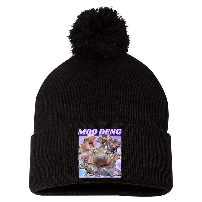 Moo Deng Meme Hippo Pom Pom 12in Knit Beanie