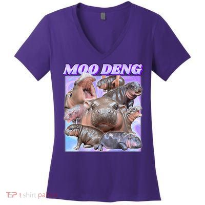 Moo Deng Meme Hippo Women's V-Neck T-Shirt