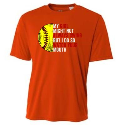 My Daughter Might Not Always Swing But I Do So Watch Your Mouth Softball Player Cooling Performance Crew T-Shirt