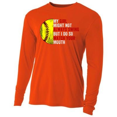 My Daughter Might Not Always Swing But I Do So Watch Your Mouth Softball Player Cooling Performance Long Sleeve Crew