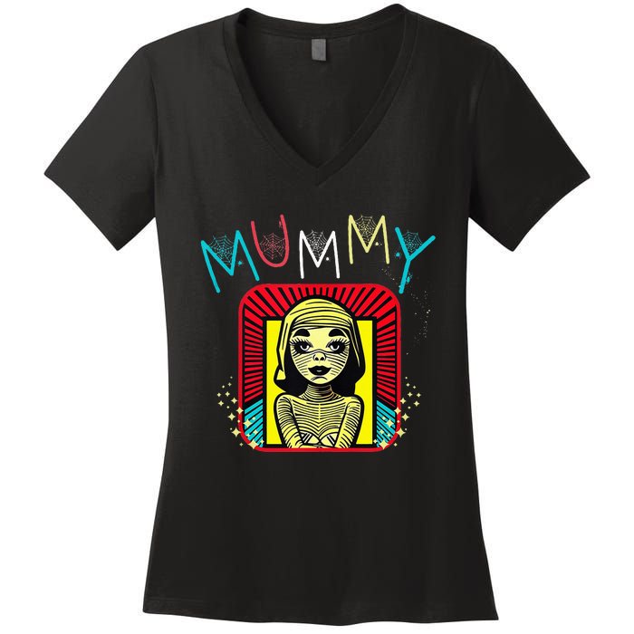 Mummy Deady Matching Mom Dad Halloween Pop Art Style Women's V-Neck T-Shirt