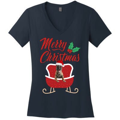 Malinois Dog Merry Christmas Design For The Holiday Season! Women's V-Neck T-Shirt