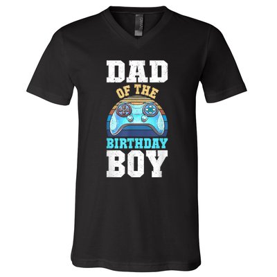 Men Dad Of The Birthday Boy Matching Video Gamer Birthday Party V-Neck T-Shirt