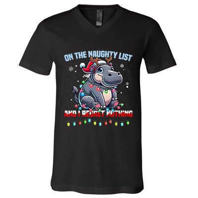 Moo Deng On The List Of Naughty And I Regret Nothing Xmas V-Neck T-Shirt