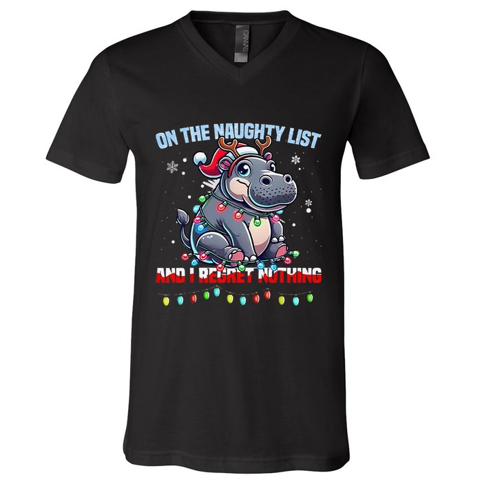 Moo Deng On The List Of Naughty And I Regret Nothing Xmas V-Neck T-Shirt