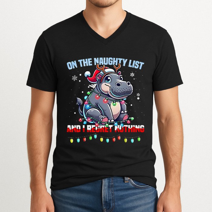 Moo Deng On The List Of Naughty And I Regret Nothing Xmas V-Neck T-Shirt