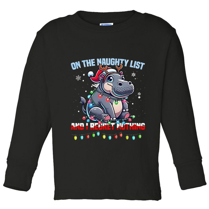 Moo Deng On The List Of Naughty And I Regret Nothing Xmas Toddler Long Sleeve Shirt