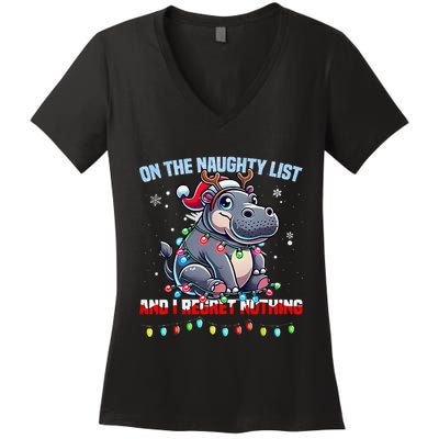Moo Deng On The List Of Naughty And I Regret Nothing Xmas Women's V-Neck T-Shirt
