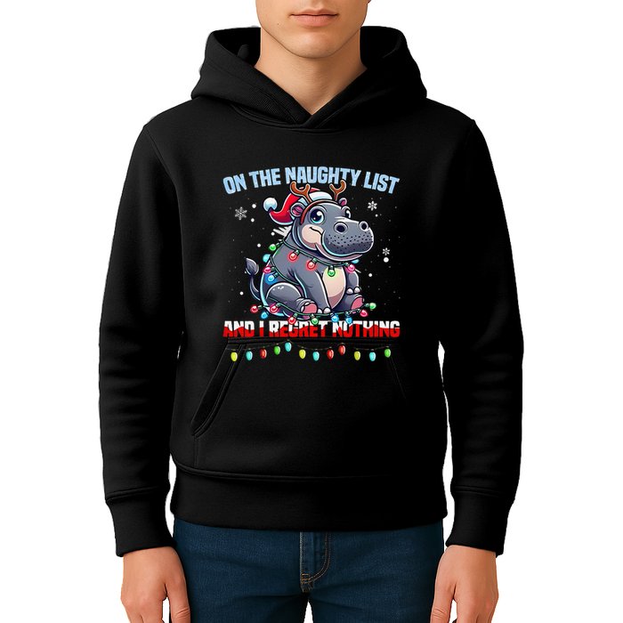Moo Deng On The List Of Naughty And I Regret Nothing Xmas Kids Hoodie