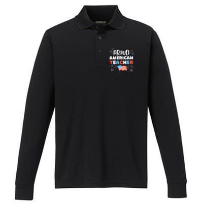 Memorial Day Or 4th Of July Quote Proud American Teacher Performance Long Sleeve Polo